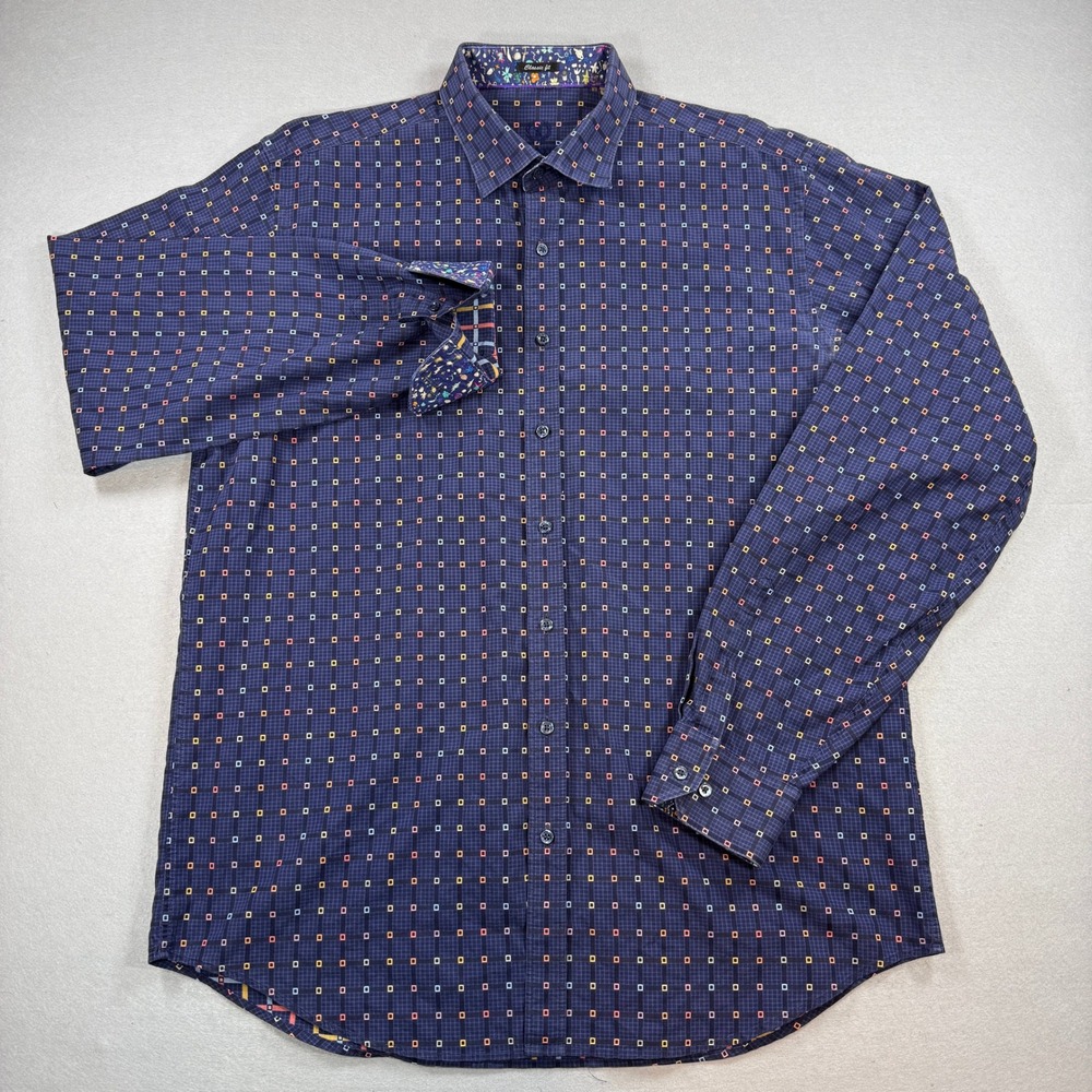 Bugatchi Button Down Shirt Men XLT Navy Geometric Classic Fit Contrast‎ Cuff